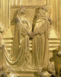 Das Treffen von König Salomo und der Königin von Saba, Detail vom Originalpanel der Osttüren des Baptisteriums, 1425-52 (vergoldete Bronze) (nach der Restaurierung)